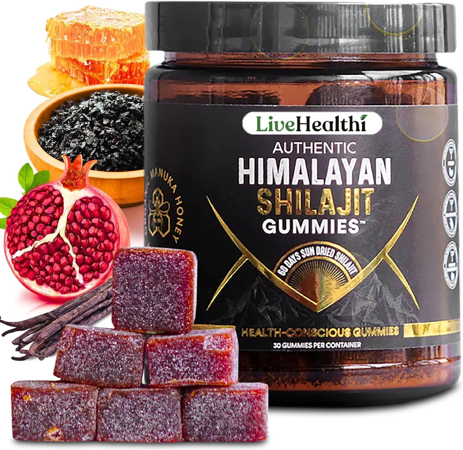 Pure Himalayan Shilajit Gummies I with Pomegranate Oil Flavor | Lab Tested I Fulvic Acid & 85+ Trace Minerals I 100% Natural & Organic | 30 Clean & Healthy Shilajit Gummies for Men, Women